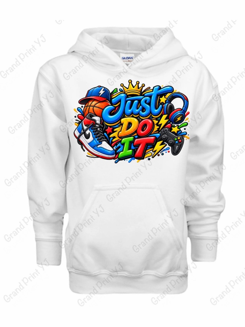 Gildan White Kids Hoodie with Multicolor 'Just Do It' Graphic